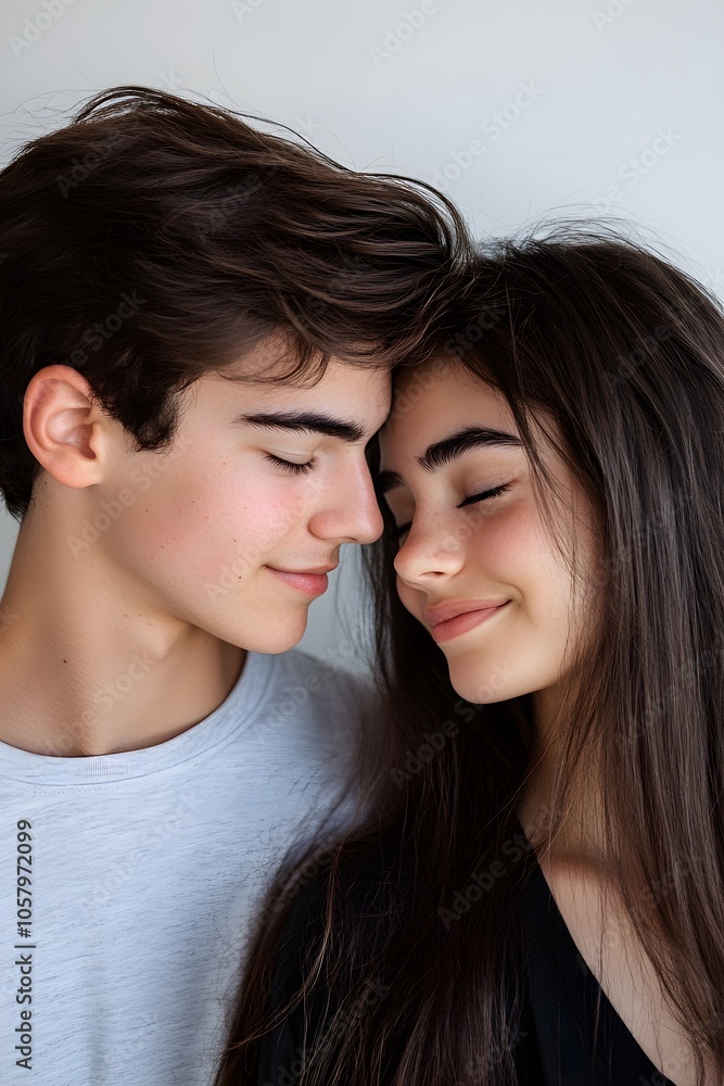 A young couple looking at each other lovingly on a white background A young couple looking at each other lovingly on a white background