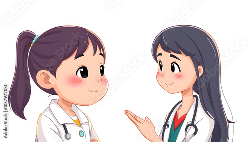 Portrait of little Asian girl listening to female doctor during consultation, copy space isolated with white highlights, png