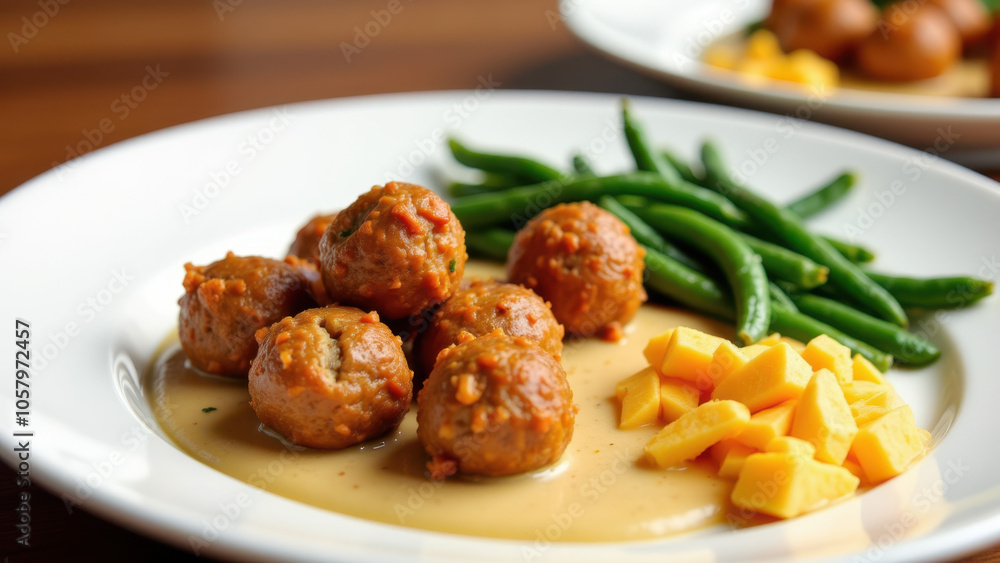 Plate of meatballs served with green beans and mashed potatoes. Plate of meatballs served with green beans and mashed potatoes.