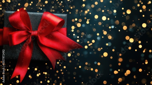 A beautifully wrapped gift with a red ribbon against a sparkling golden background for festive celebrations