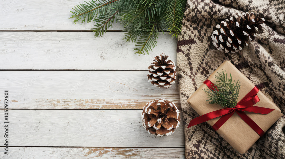 Minimalist christmas composition with a simple gift and pine cones on a white wooden surface, copy space available Minimalist christmas composition with a simple gift and pine cones on a white wooden surface, copy space available
