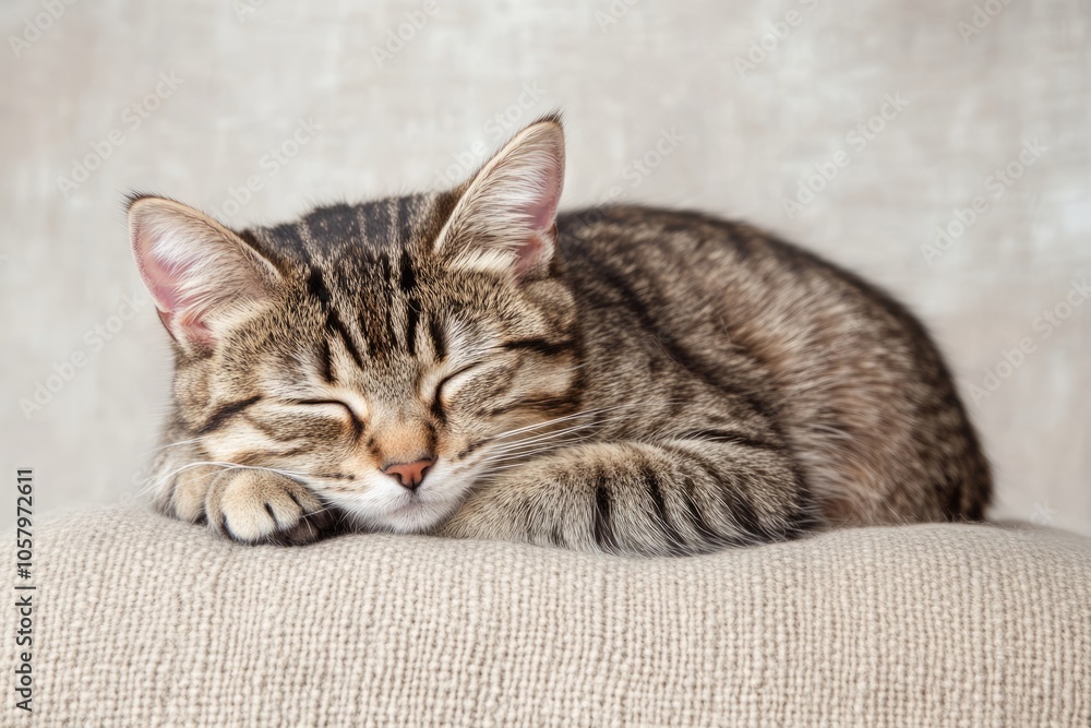 A tabby cat with closed eyes sleeping peacefully on a light brown cushion. A tabby cat with closed eyes sleeping peacefully on a light brown cushion.