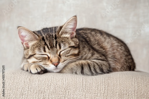 A tabby cat with closed eyes sleeping peacefully on a light brown cushion.