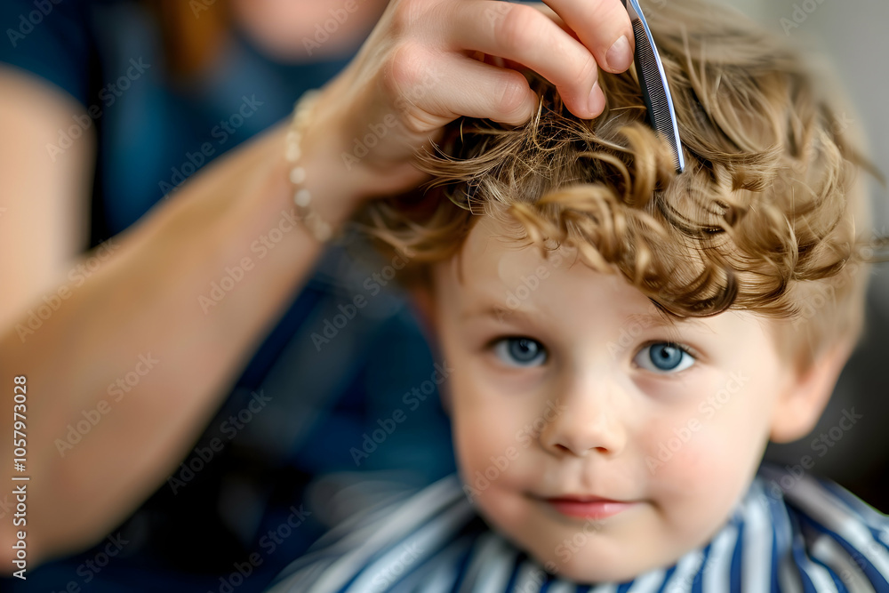 Fototapeta premium A young boy with curly hair smiles while getting a haircut at a stylish salon during the day