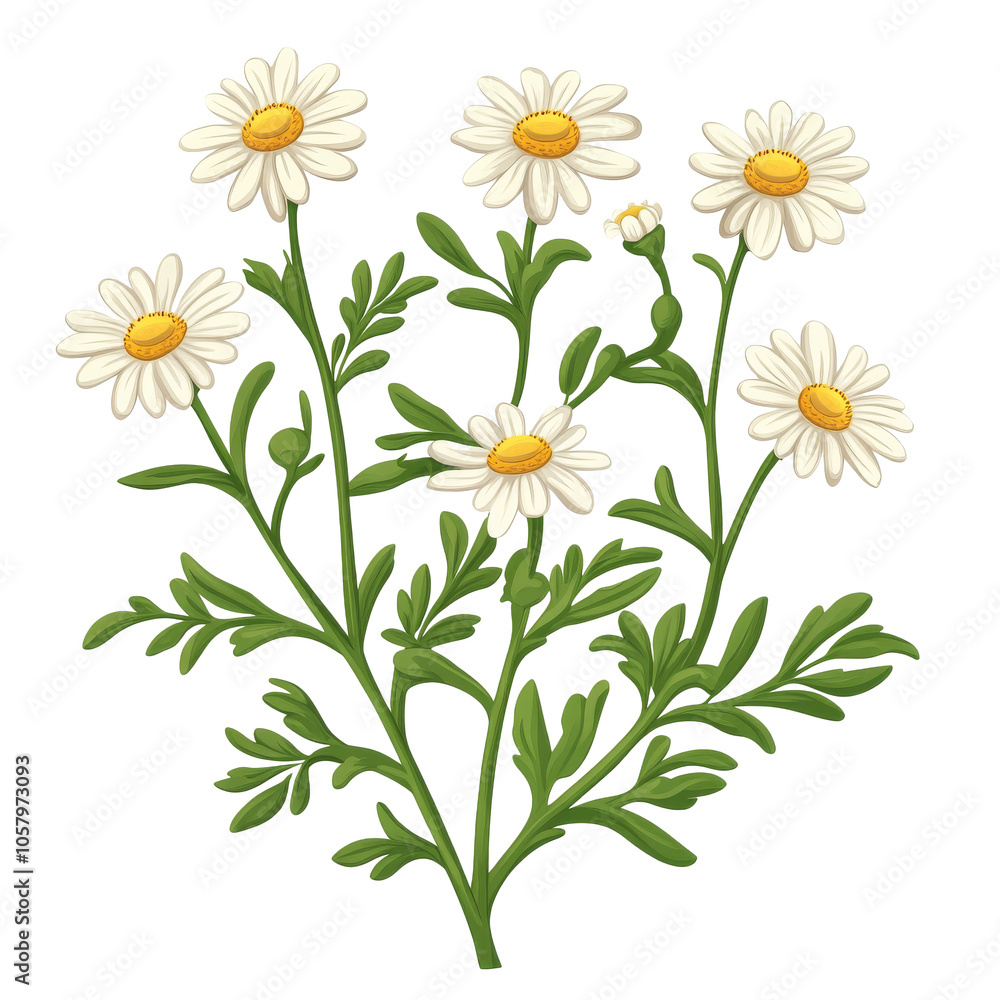 Daisies with yellow centers and green leaves Daisies with yellow centers and green leaves
