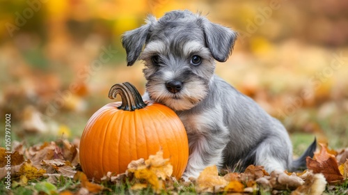 Adorable Schnauzer Puppy Sitting Beside a Pumpkin in Autumn Leaves