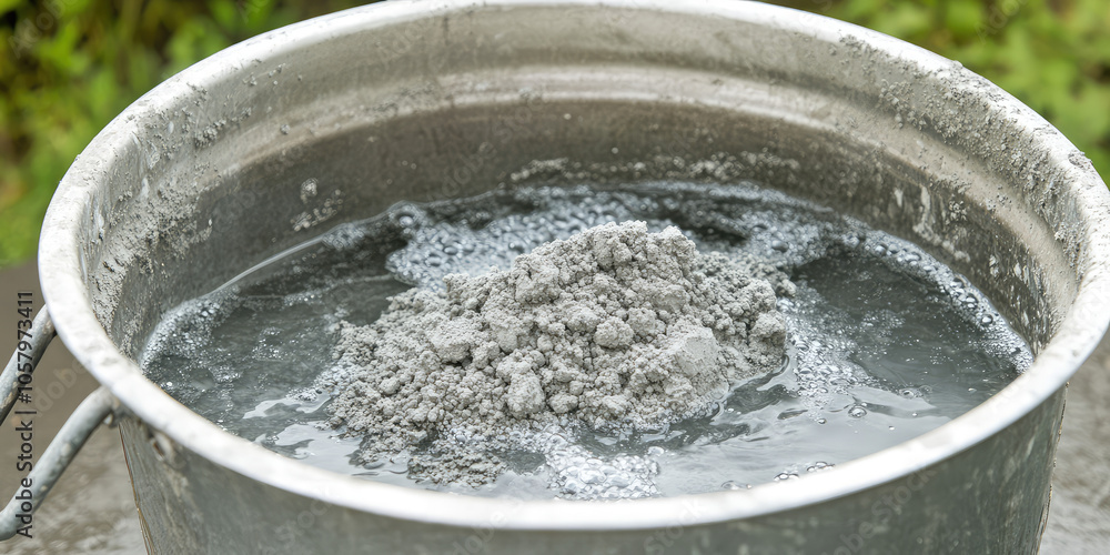 Closeup of mixing dry cement powder and water in metal bucket, copy space background. Closeup of mixing dry cement powder and water in metal bucket, copy space background.