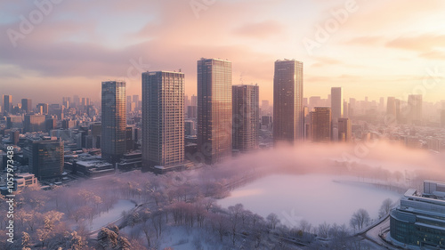 東京オフィス街と雪の煌めき photo