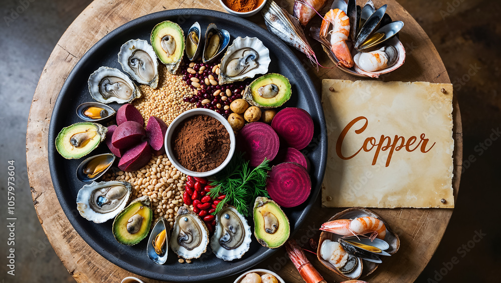 Fototapeta premium Various fresh food, seafood and vegetables with the copper sign