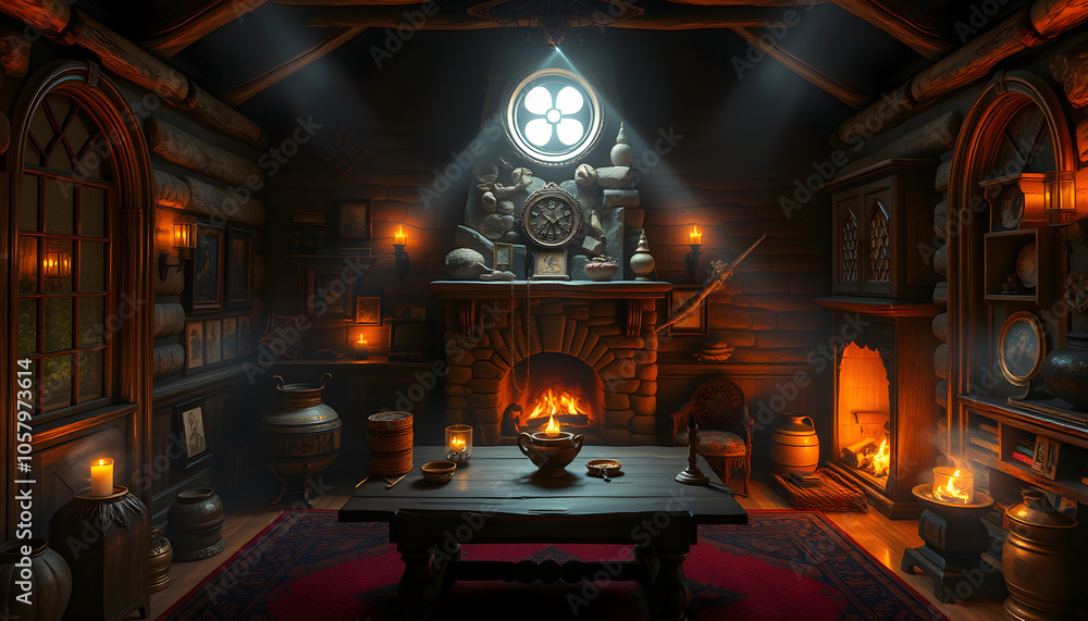 Obraz premium Interior of witch's room with magic attributes, table and fireplace isolated with white highlights, png