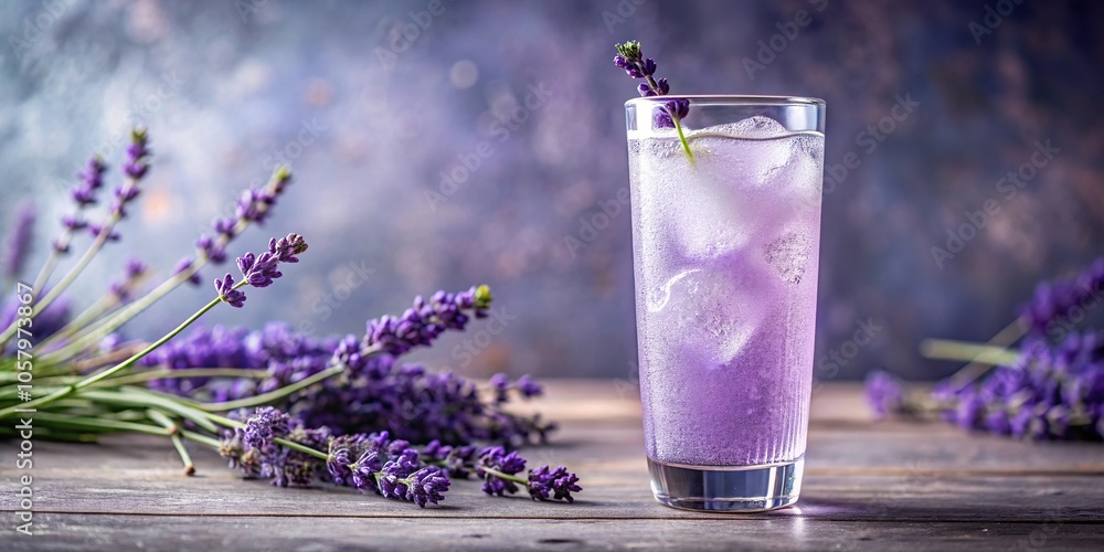 Macro Iced Lavender Lemonade in tall frosted glass with sparkling purple drink Macro Iced Lavender Lemonade in tall frosted glass with sparkling purple drink