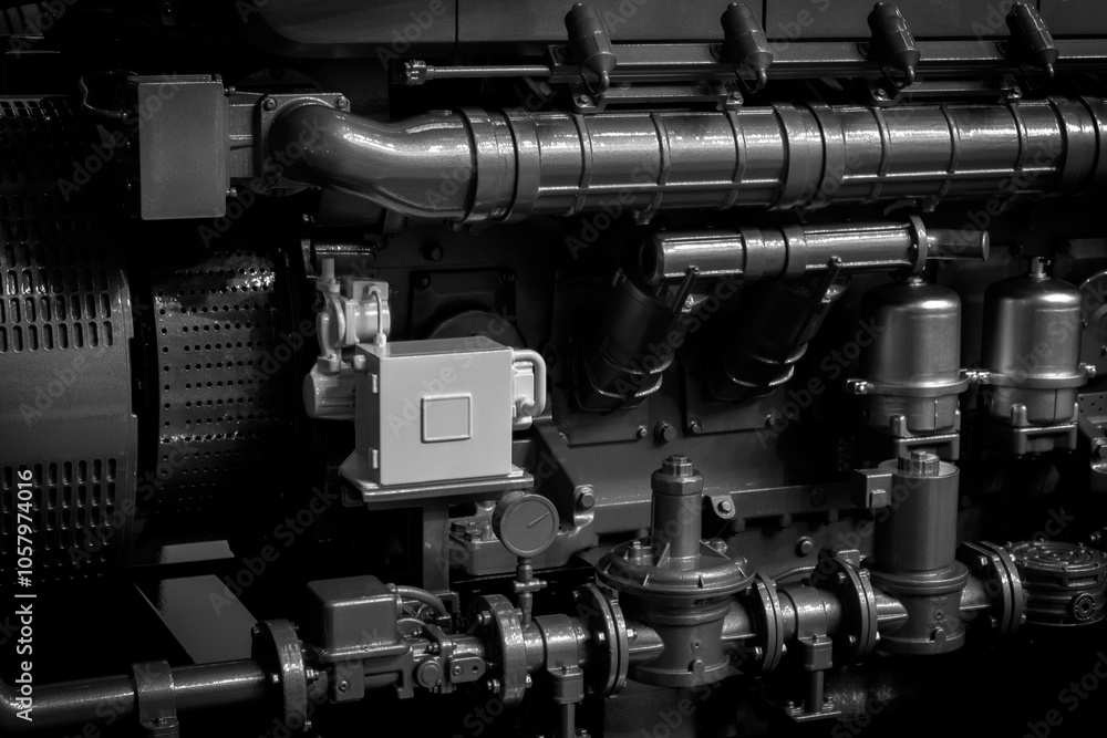 A black and white photo of a large engine with a white switch on it. The engine is old and has a lot of pipes and valves. Scene is industrial and mechanical A black and white photo of a large engine with a white switch on it. The engine is old and has a lot of pipes and valves. Scene is industrial and mechanical