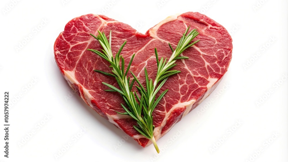 Macro marbled beef steak shaped like a heart with rosemary Macro marbled beef steak shaped like a heart with rosemary