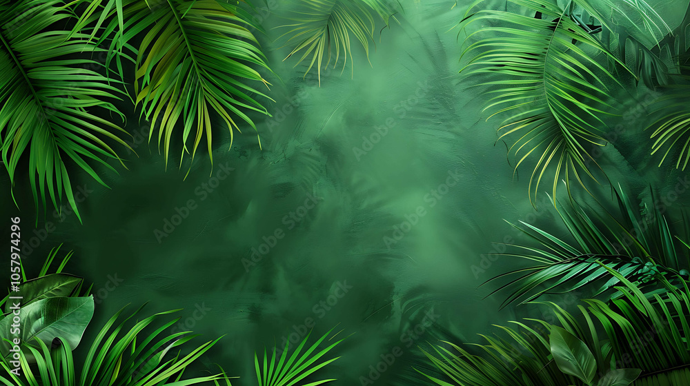 Obraz premium lush green tropical leaves against a dark green background.