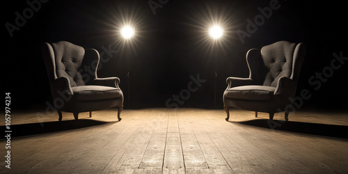 Close-up of two upholstered chairs opposite each other on stage. Creative background for an interview, podcast, blog