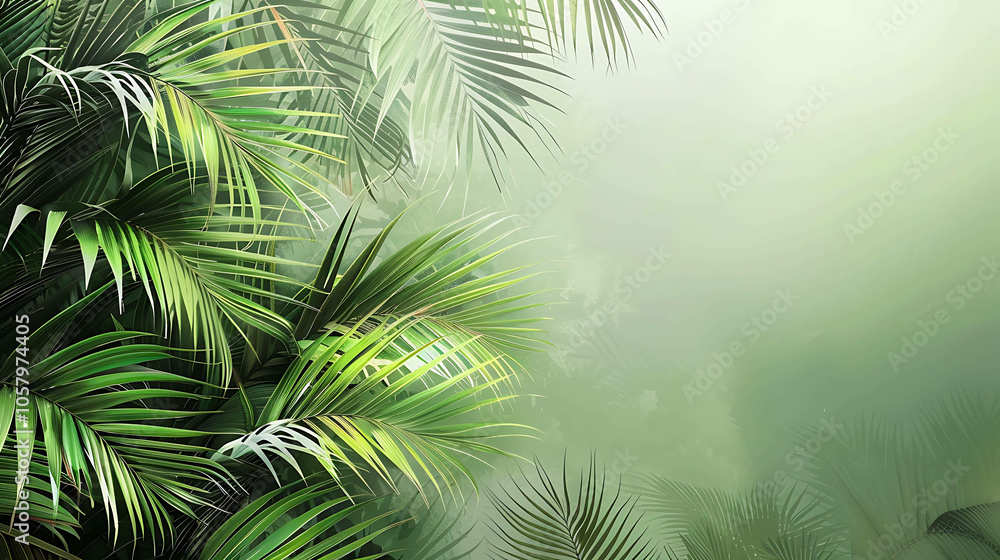 Lush green palm leaves against a soft blurred background. Lush green palm leaves against a soft blurred background.