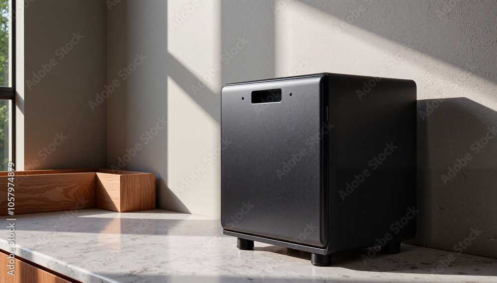 Black modern air purifier on a marble countertop with natural light and shadows Black modern air purifier on a marble countertop with natural light and shadows