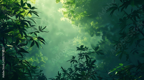 lush green foliage of a dense jungle canopy with dappled sunlight streaming through the leaves