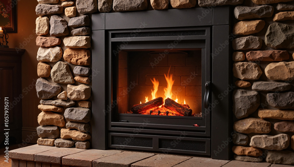 Elegant stone fireplace with glowing flames and logs in cozy living room Elegant stone fireplace with glowing flames and logs in cozy living room