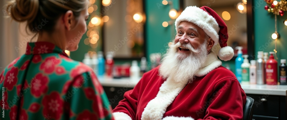 Santa Claus sitting in a barbershop, smiling warmly as he chats with a woman. Christmas decorations and atmosphere create a joyful and festive scene.
Santa Claus sitting in a barbershop, smiling warmly as he chats with a woman. Christmas decorations and atmosphere create a joyful and festive scene.