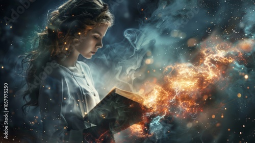 Fantasy illustration of young woman reading book with magical aura