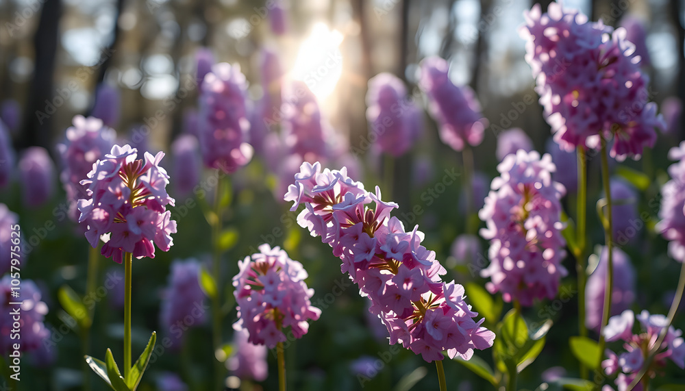 Obraz premium Spring flowering bloom wallpaper. Many lilac purple wild flowers in forest on glade glow in sun on a dark background macro soft focus. Spring templates, amazing magic artistic image isolated with wh
