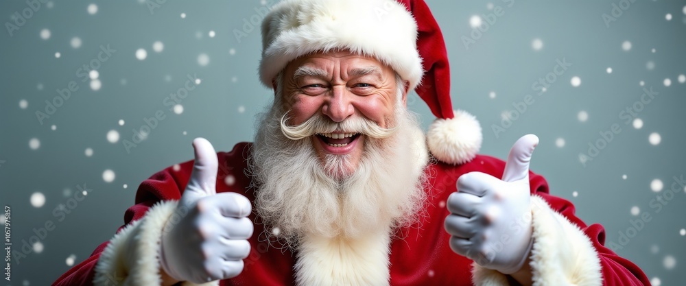 Jolly Santa Claus wearing red sunglasses and giving a thumbs up amidst falling snowflakes, conveying joy and holiday spirit. Perfect for festive Christmas concepts and cheerful winter celebrations.
Jolly Santa Claus wearing red sunglasses and giving a thumbs up amidst falling snowflakes, conveying joy and holiday spirit. Perfect for festive Christmas concepts and cheerful winter celebrations.