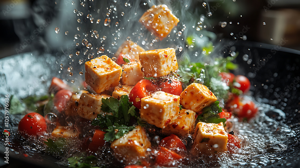 Close-up of tofu cubes being stir-fried in a wok with colorful vegetables