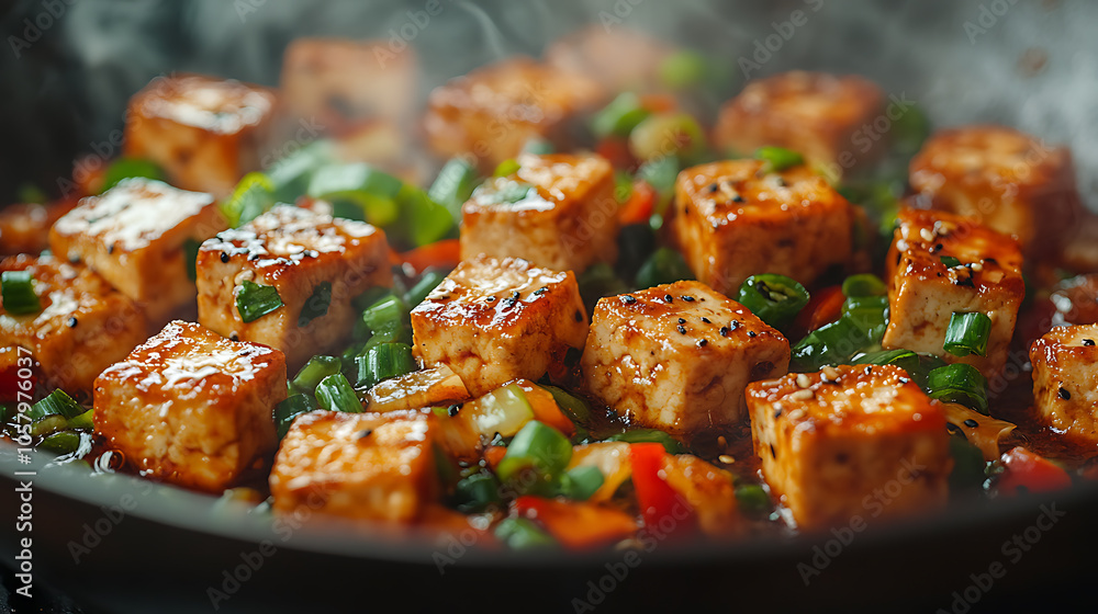 Close-up of tofu cubes being stir-fried in a wok with colorful vegetables