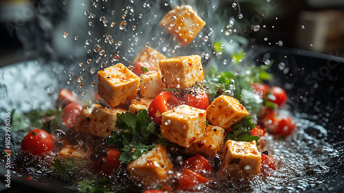 Obraz na płótnie Close-up of tofu cubes being stir-fried in a wok with colorful vegetables w salonie