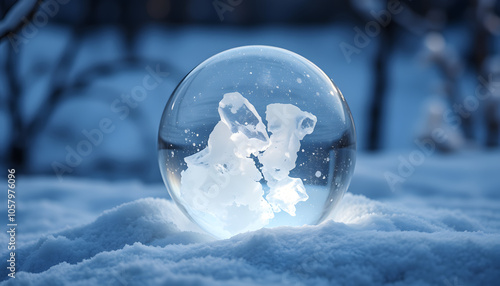 magic clear quartz ball on snow, winter natural blurred evening background. christmas, new year wonderful season. spiritual healing crystal practice. witchcraft ritual for winter solstice, Yule isol