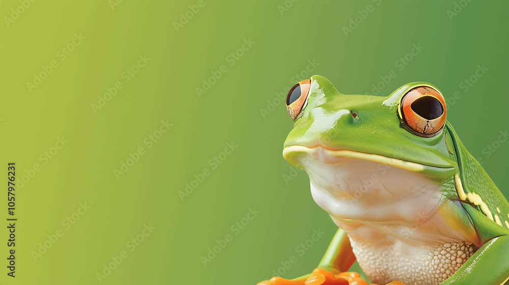 Obraz premium A beautiful green frog sits on a leaf in the rainforest. The frog has bright orange eyes and a white belly.