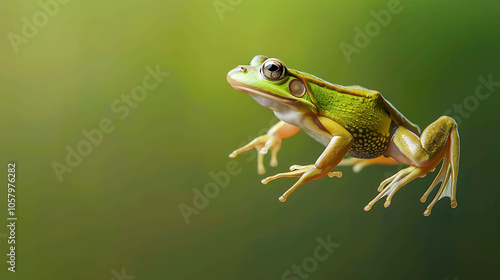 A beautiful green frog sits on a leaf. The frog is looking at the camera. The background is blurred.