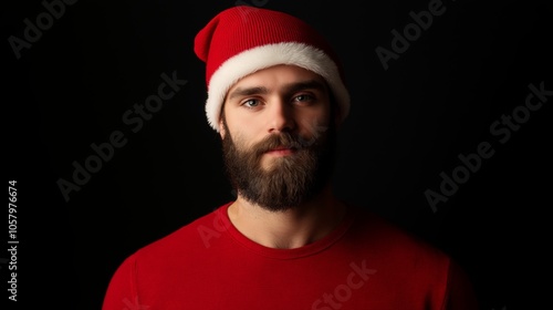 Bearded Caucasian man red Santa hat sweater posing black background facing camera close-up