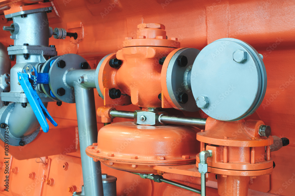 Large orange piston gas engine electric generator with many valves and pipes. The engine is orange and has many valves. Large orange piston gas engine electric generator with many valves and pipes. The engine is orange and has many valves.