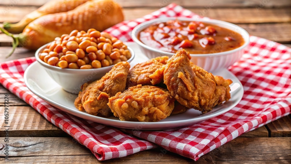 Macro shot of fried chicken and baked beans on a picnic table Macro shot of fried chicken and baked beans on a picnic table