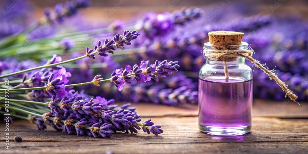 Macro shot of lavender extract bottle with lavender flowers Macro shot of lavender extract bottle with lavender flowers