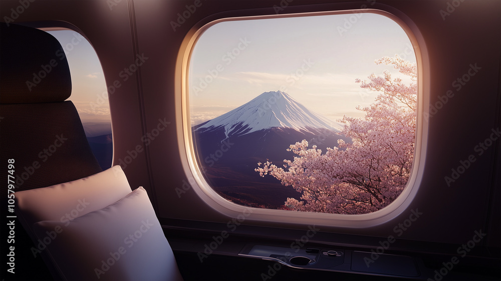 Fototapeta premium 飛行機の窓からの桜の富士山