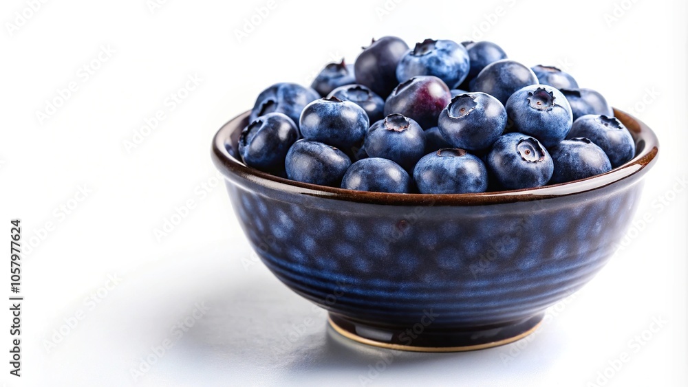 Macro shot of navy ceramic bowl filled with blueberries on white background Macro shot of navy ceramic bowl filled with blueberries on white background