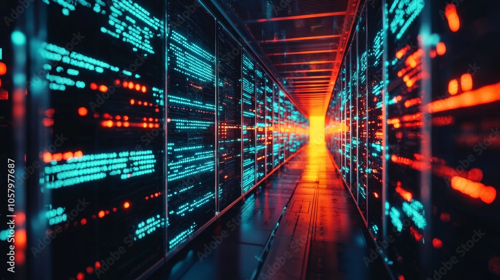 Fototapeta premium Data center corridor with rows of servers and glowing lights