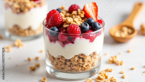 Delicious parfait with granola, berries, and cream.