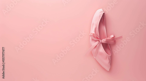 Light pink ballet flat with a ribbon on a pink background. The flat is turned on its side and appears to be floating.