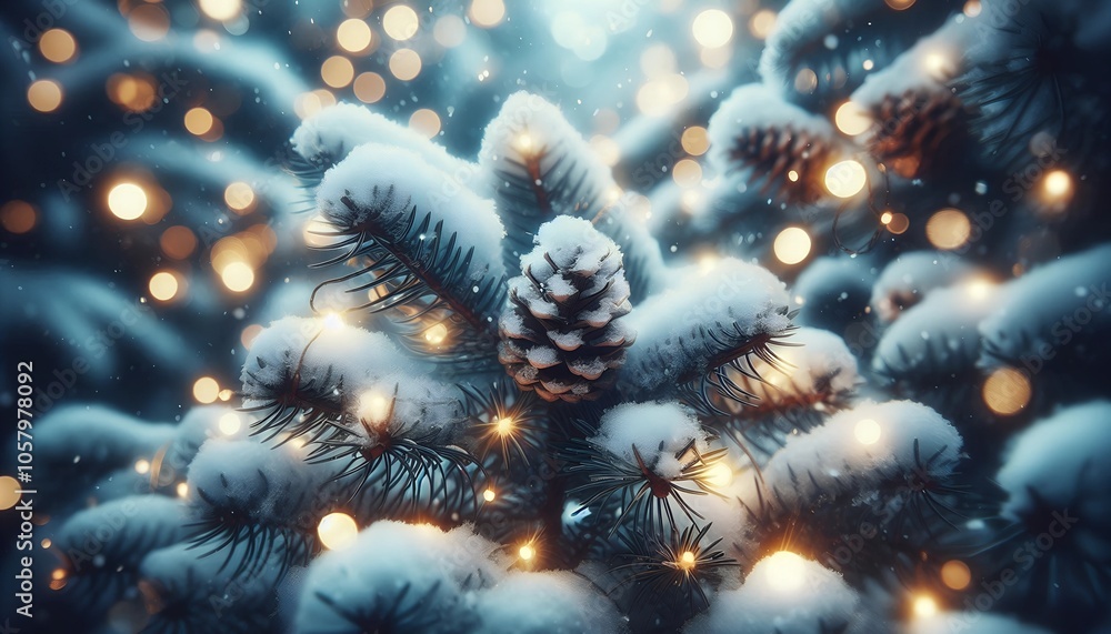 Fototapeta premium Snow-covered pine branch with bokeh lights