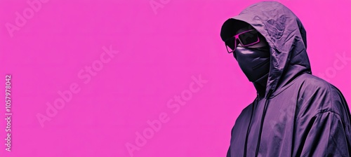 Cyberpunk Style Side View of a Hooded Figure in Mask and Stylish Glasses Against Vibrant Backdrop photo