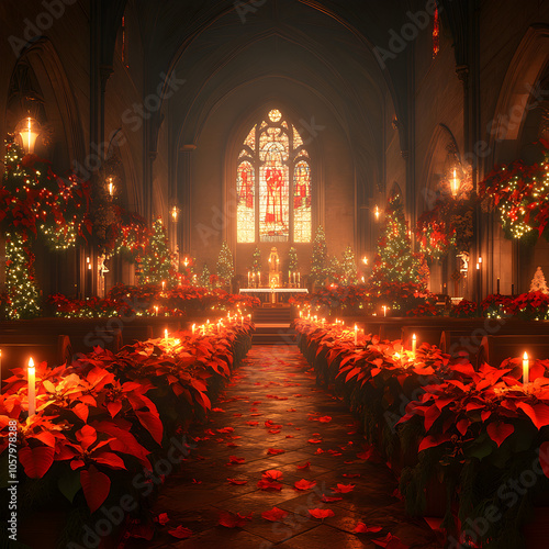 A beautifully decorated church with poinsettias, candles, and festive lights for a Christmas Eve service