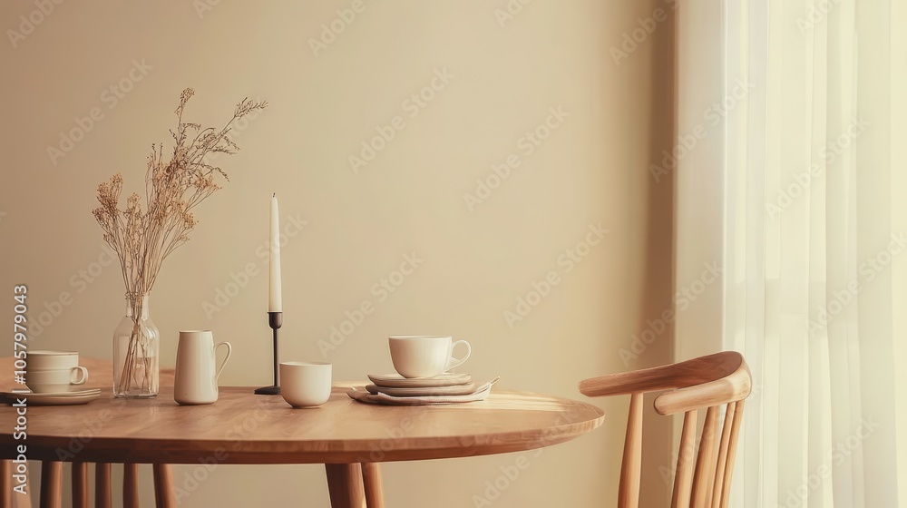 Cozy Dining Table Arrangement with Minimalist Decor and Natural Light Cozy Dining Table Arrangement with Minimalist Decor and Natural Light