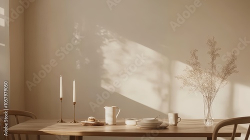 Serene Minimalist Dining Table with Soft Natural Light and Decorative Elements