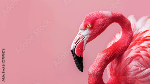 A beautiful close-up of a pink flamingo with a blurred background. The flamingo is looking to the left of the frame. photo