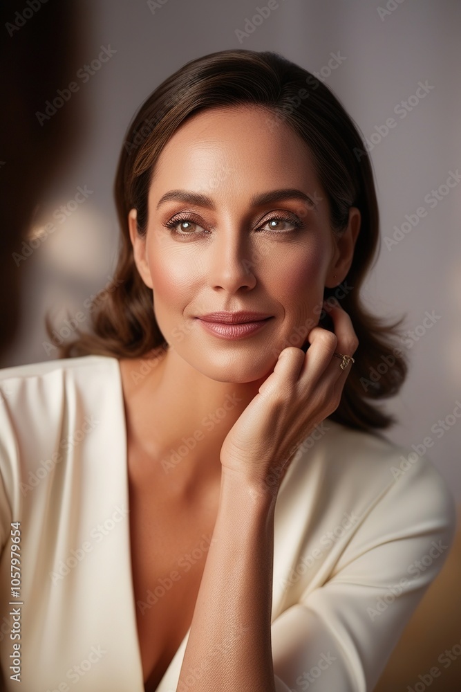 A captivating portrait of a beautiful woman, her hands gently resting beneath her chin in a delicate pose. Her expressive eyes and serene smile create an enchanting and inviting aura. middle-aged. A captivating portrait of a beautiful woman, her hands gently resting beneath her chin in a delicate pose. Her expressive eyes and serene smile create an enchanting and inviting aura. middle-aged.