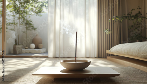 Imagine a serene, minimalist living space bathed in soft, natural light. Node
center, a handmade ceramic incense holder sits on a low wooden table, its
Simple yet elegant design, complementing the sur photo